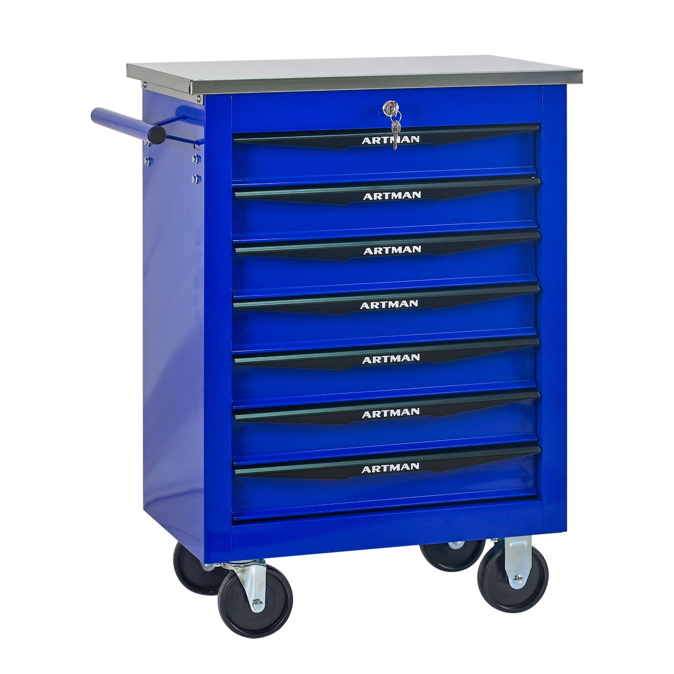 Noble House 7-Drawer Rolling Tool Organizer Cart, Steel Mobile Chest Storage with Worktop for Garage Workshop, Blue