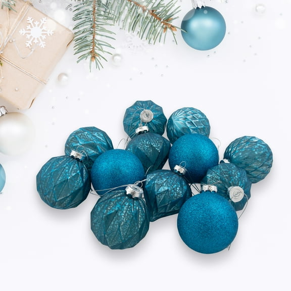 Northlight 12ct Teal Blue 3-Finish Christmas Ornaments 3.75" (95mm)