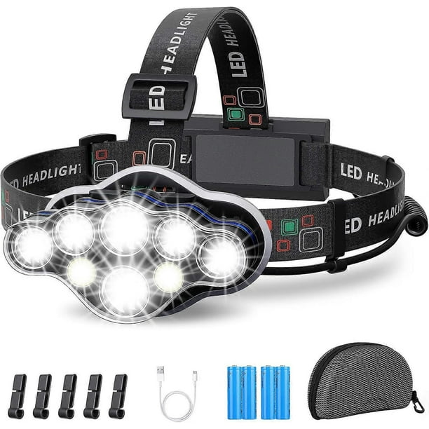 Headlamp, Head Torch 18000 Lumens 8 LED 8 Lighting Modes, Ultra Powerful LED Headlamp USB Rechargeable 90 Adjustable