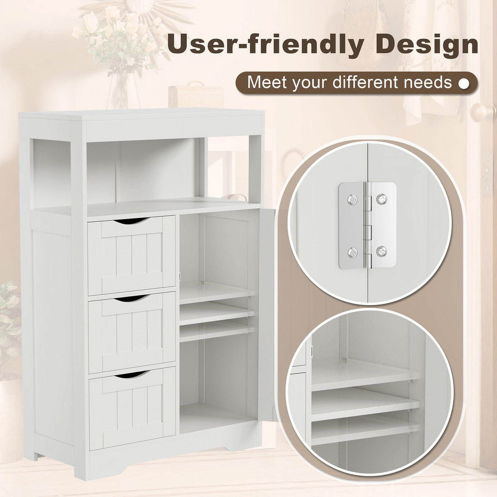 Homall Wood Bathroom Floor Cabinet with 3 Drawers and 1 Cupboard Free Standing Storage Organizer Hallway Entryway Cabinet for Living Room Kitchen, White