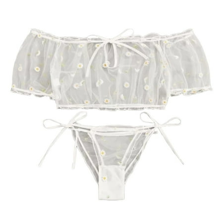 

adviicd Womens Underwear Lingerie See Through Nightwear for Women 3 Piece Set Teddy Sleepwear Hollow Out Panty Bra Boudoir Underwear White Small