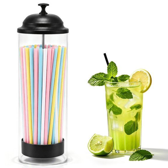 SKYWEE Straw Holder for Standard Size Drinking Straws with Lid, Clear Countertop Straw Dispenser for Kitchen, Coffee Bar, Restaurant and Office, Black, Straws Not Included