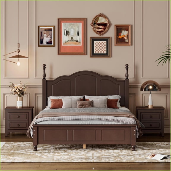 3-Piece Bedroom Set, Full Size Wood Platform Bed & 2 Nightstands - Walnut Brown | Brown | Wood