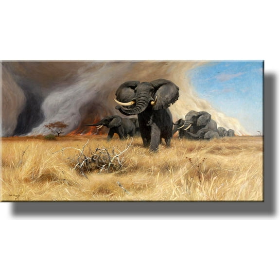 African Elephants Running from Fire Picture by Kuhnert on Stretched Canvas, Wall Art Décor, Ready to Hang!