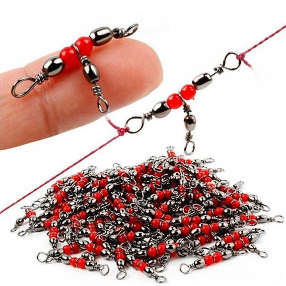 Savlot 3 Way T-Turn Barrel Swivels Fishing Tackle, Brass Barrel Triple Swivel Cross Line 3 Way Barrel Fishing Connector with Red Fishing Beads for Freshwater Saltwater Test 20-100LB, 10/20/50Pcs
