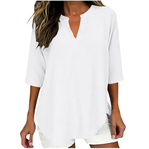 RQYYD Women's Linen 3/4 Sleeve Blouse V Neck Casual Loose Fit High-Low Hem Summer Top