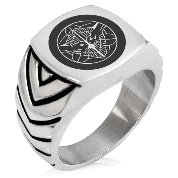 Stainless Steel Uesugi Samurai Crest Chevron Pattern Biker Style Polished Ring
