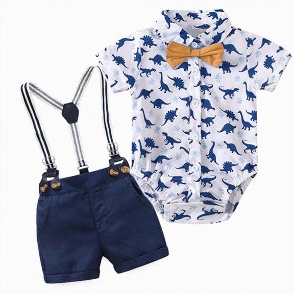 kaprioy Baby Boy Clothes Baby Boy Formal Short Set Boy Dress Outfits Soft Cotton Dinosaur Print Bodysuit with Bow Tie Newborn Boy Dress Outfit