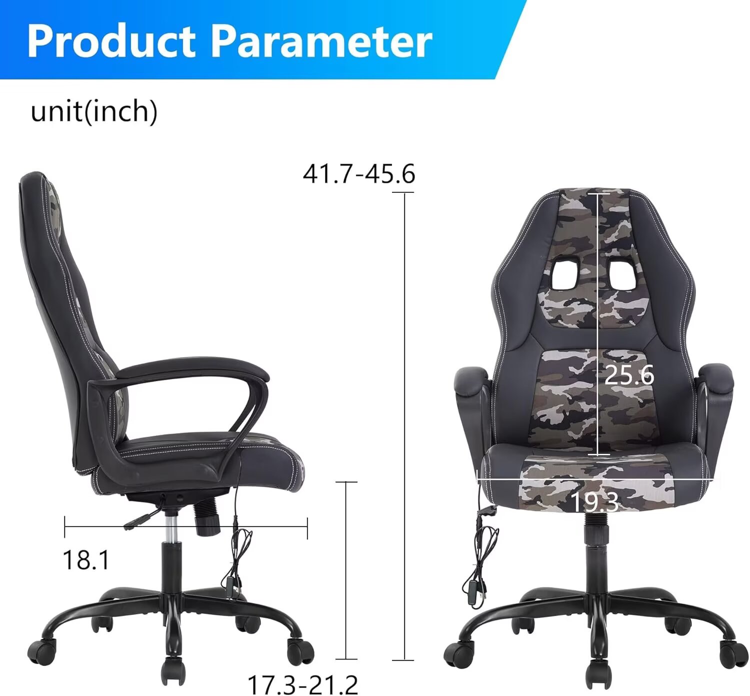 YRLLENSDAN Adjustable Gaming Chair Ergonomic Leather with Massager, Rolling Home Office Desk Chairs With Armrest and Lumber Support, Comfortable Computer Chair with Wheels for Adults, CAMO
