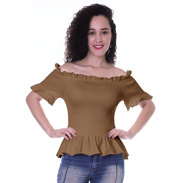 Moomaya Womens Off Shoulder Smocked Top Solid Short Sleeve Casual Summer Tops