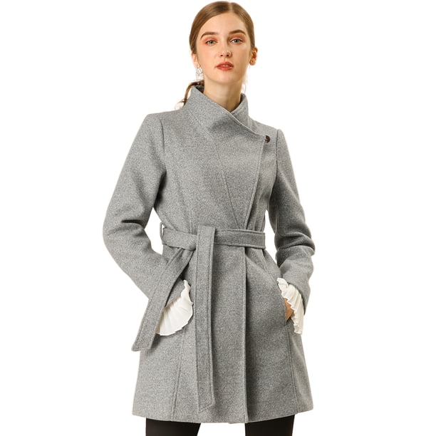 Abrigo largo Allegra K con cinturón cuello alto Gris Talla S