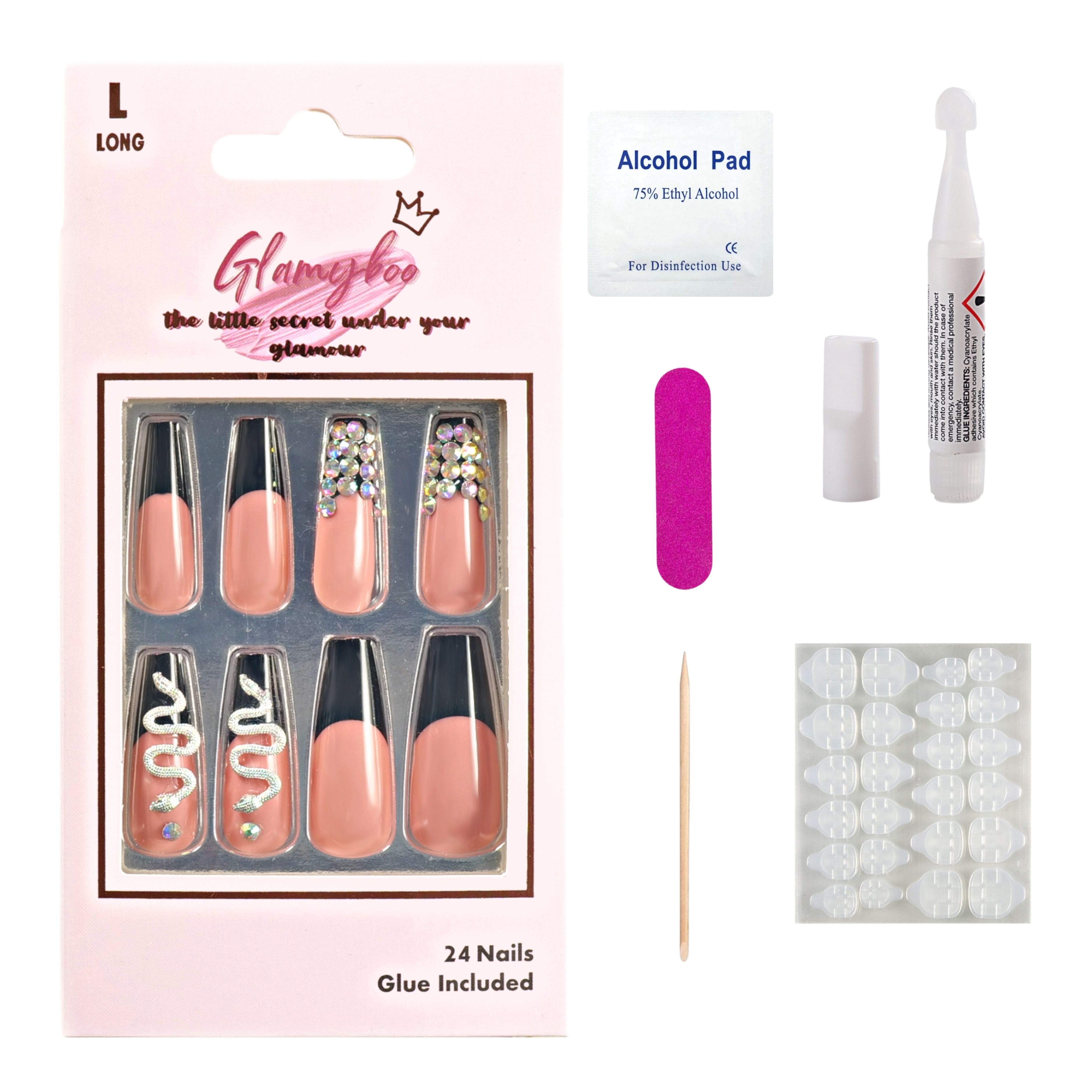 GLAMYBOO 24Pc Long Coffin Press On Nail Set with 1.5g Glue Luxury