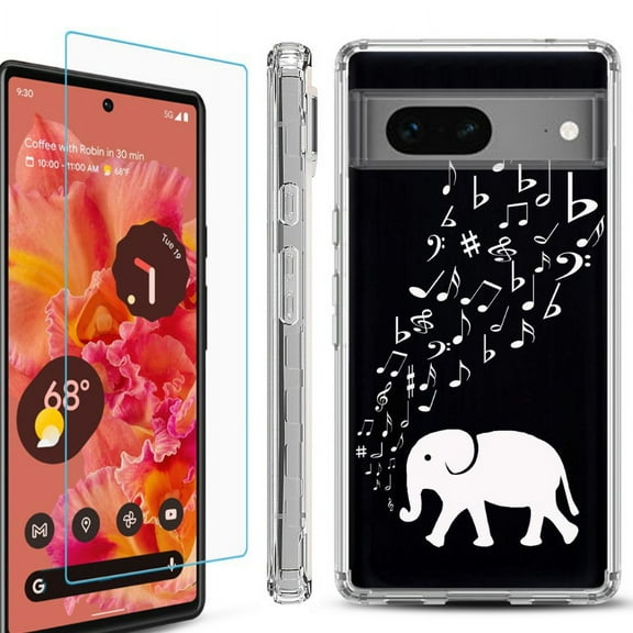 OneToughShield ® Compatible with Google Pixel 8, Shockproof Phone Case, with Tempered Glass Screen Protector - Elephant Music