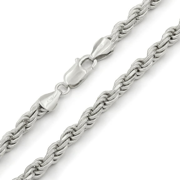 925 Italian Sterling Silver 5mm Solid Rope Diamond Cut Chain, FREE Microfiber Cloth, Rhodium Link Mens Womens Necklace, Giorgio Bergamo
