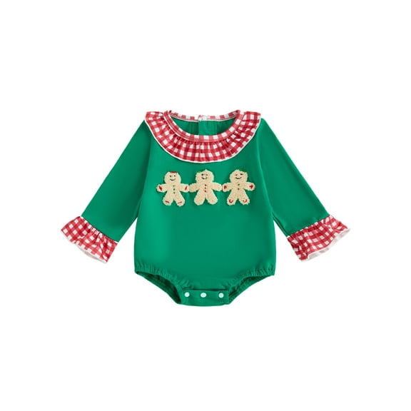 Miaouyo Infant Baby Girl Christmas Romper 0 3 6 12 18 Months Gingerbread Embroidered Plaid Ruffle Trim Long Sleeve Bodysuit Cute Winter Fall Clothes