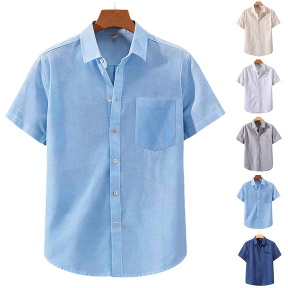 SGFCWSX Men's Short Sleeve Linen Shirt Button Down, Single Pocket Lightweight Summer Casual Work Daily Outfit Light Blue Size XL