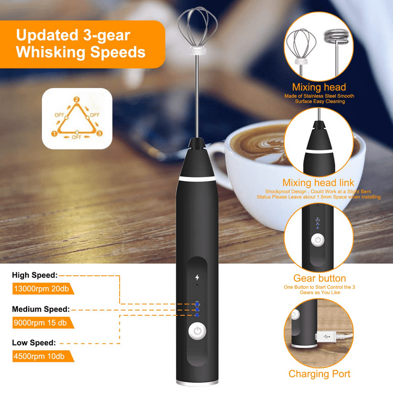  USB Rechargeable Milk Frother Handheld Multi-functional  Electric Foam Maker with 2 Stainless Whisks,3-Speed Adjustable Mini Milk  Foamer for Blending Bulletproof Coffee, Latte, Cappuccino Hot Chocolate:  Home & Kitchen