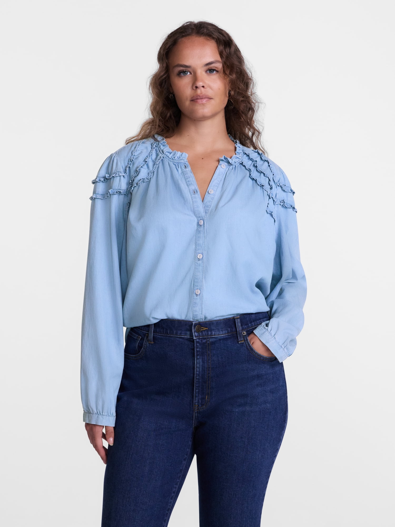 Scenario Women's and Women's Plus Ruffle Shoulder Top with Long Sleeves, Size XS-4X