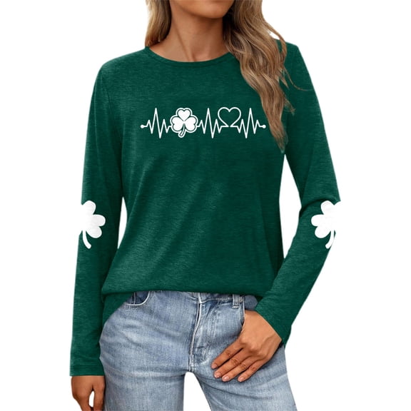 Holiday Shirt for Women St. Patrick'S Day Heart Shaped Four Leaf Long Sleeve Womens New Clothing,Green,2XL