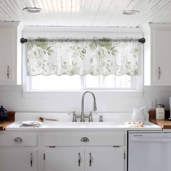 Sage Green Flower Valance Curtains for Kitchen/Living Room/Bathroom/Bedroom Window, Watercolor Gradient Retro Floral Rod Pocket Small Topper Half Short Window Curtains Voile Sheer Scarf 42"x18"