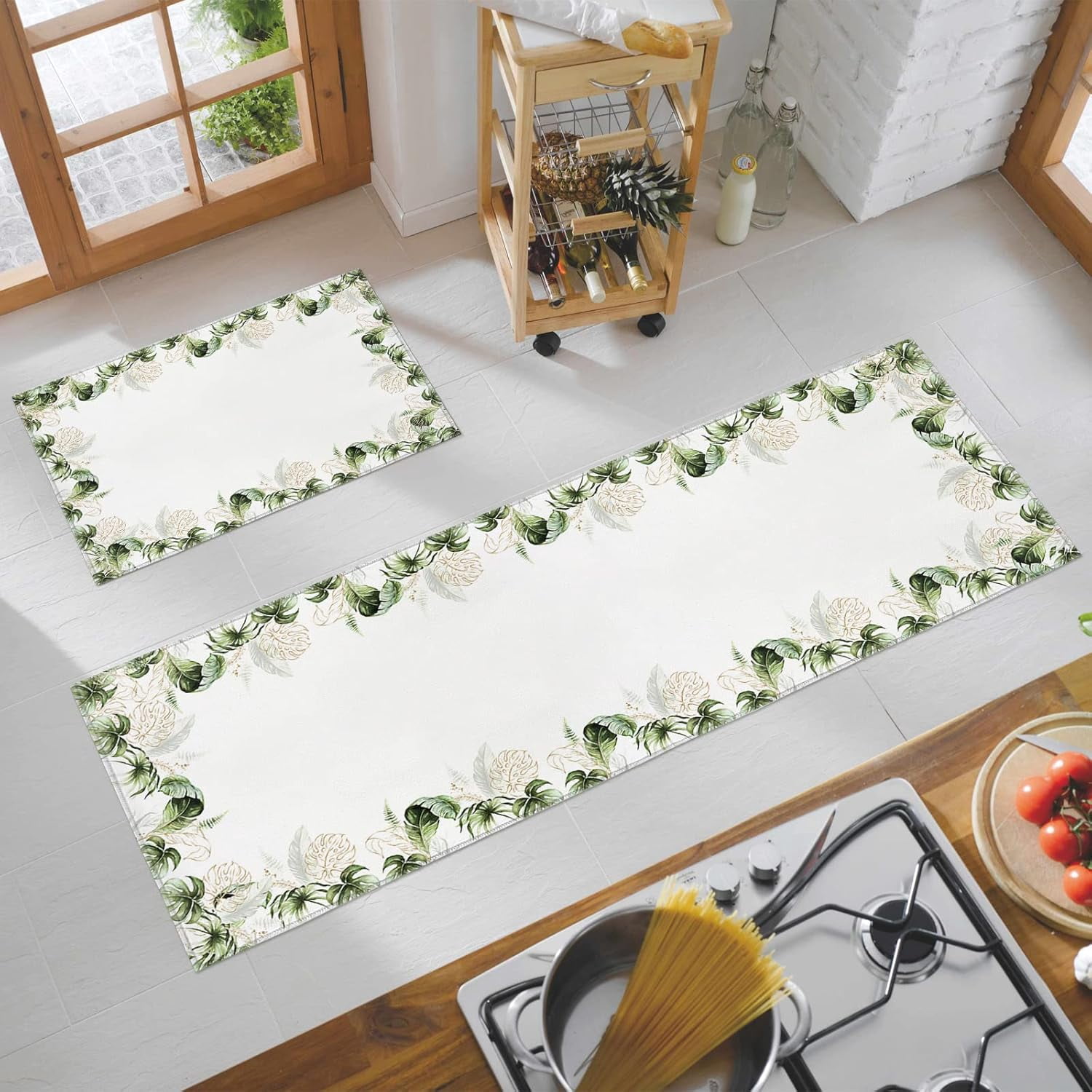 Watercolor Kitchen Rugs and Mats Set of 2, Tropical Palm Tree Leaf Golden Lines Non-Slip Floor Doormat Comfort Area Runner Rug and Mat, Boho Leaves Frame Indoor Entrance Carpet Home Decor