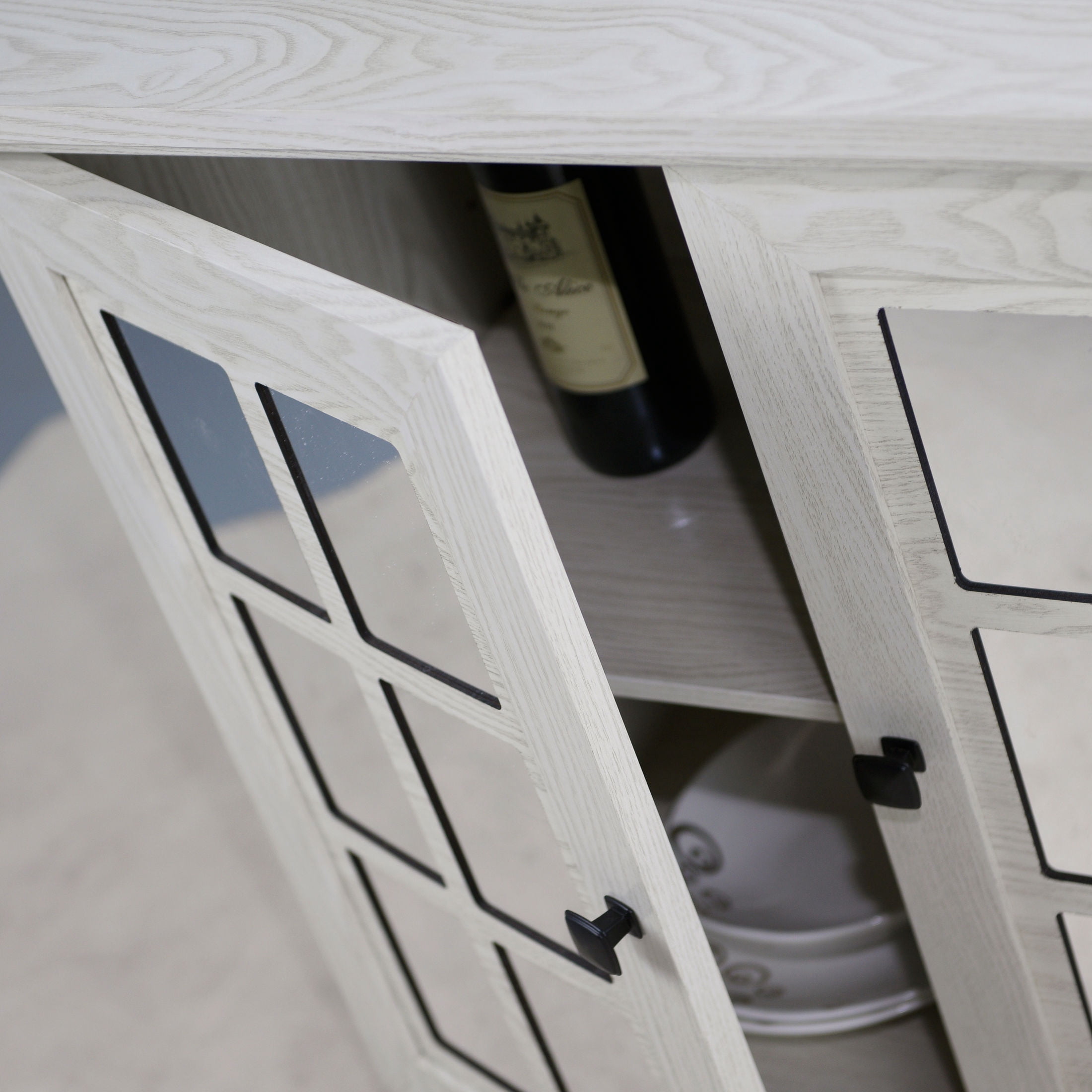 GDF Studio Janus 2-Door Acrylic Mirrored Sideboard Cabinet, Rustic Kitchen Storage Cupboard, Adjustable Shelf, White Oak