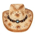 thumbnail image 2 of Sombrero de Vaquera de Vaquero de Paja para Hombres y Mujeres Sombrero de Sol Transpirable Hueco de ala Ancha con Banda de Adorno de Cuentas Estilo Occidental para Viajes en la Playa al Aire Libre, 2 of 8