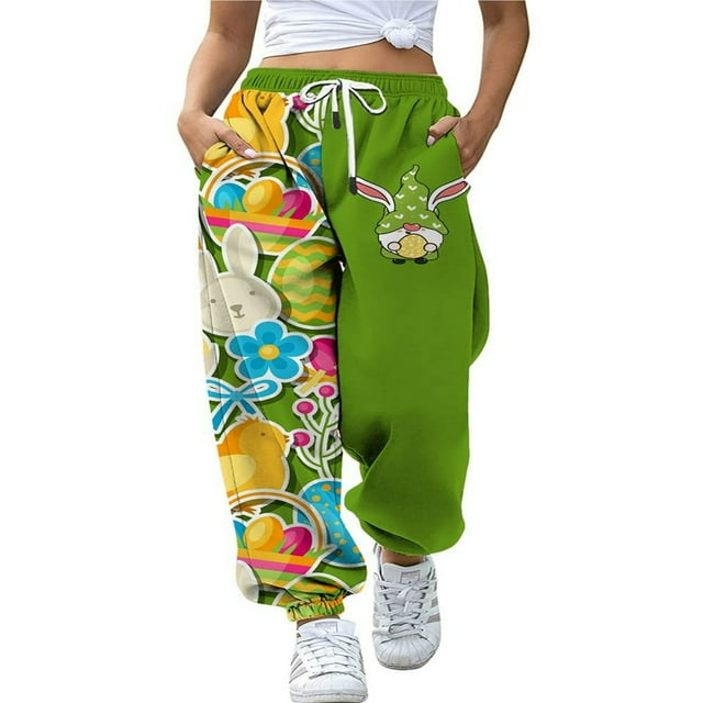 Pantalons de Survêtement Amples de Pâques pour Femmes Poches Taille Haute Imprimé Patchwork Sport Jogger