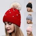 thumbnail image 5 of Women Female Earmuffs Winter Warm Knit Thick Beanies Caps Windproof Pompoms Hat Wool Knitted Hat RED, 5 of 8