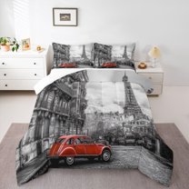 Homewish Red Truck Bedding Comforter Set 2pcs for Teens Adults,Eiffel Tower Twin Comforter Sets Microfiber,Retro Vintage Breathable Bedding Set,Lightweight Room Decor