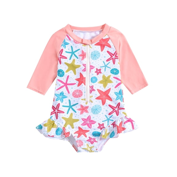 Xmarks Toddler Girl One Piece Swimsuit 3/4 Sleeve Zipper Rash Guard Sun Protection Rashguard Swimwear Cute Print Bathing Suit Beahwear for Little Girls, 1-6Y