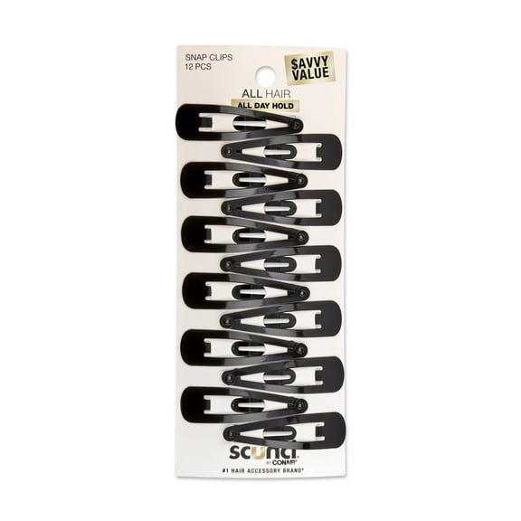 Scunci Open Center Metal Snap Clip Hair Barrettes, Black, 12 Count