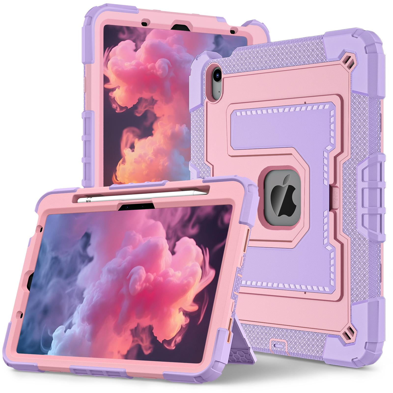 ELEHOLD 3-Layer Rugged Case For Apple iPad Air 11 (2025 / 2024) Heavy Duty Shockproof Cover, [Drop Protection], [Logo Visible], With Kickstand & Pencil Holder & Shoulder Strap, Purple+Rosegold