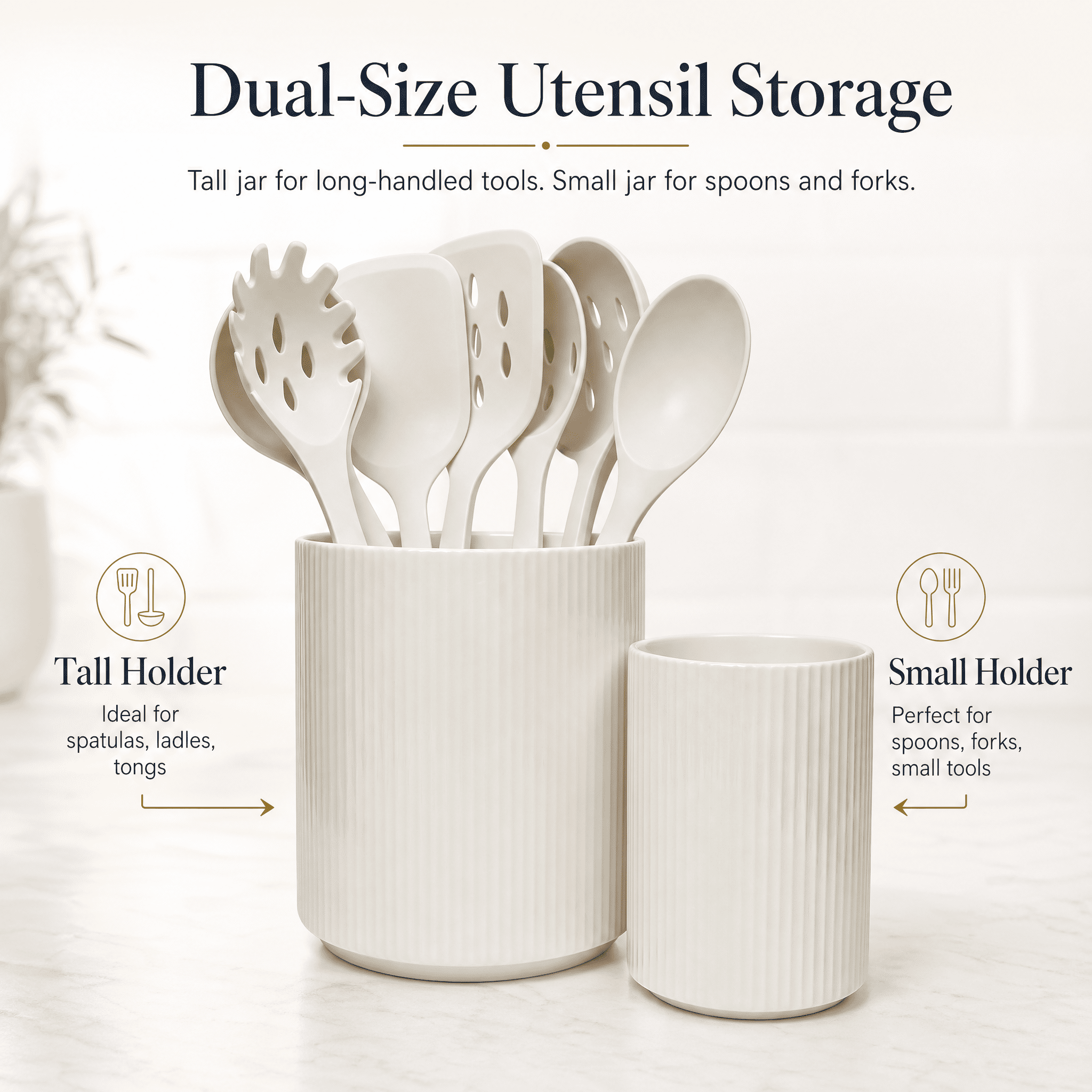 KSENDALO 2-Pack White Ceramic Utensil Holder Set(utensils not include), 7" & 4.5" Tall Farmhouse Kitchen Counter Storage Jars, Ribbed Utensil Crock for Silverware & Flower Display