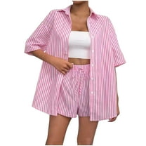 Fmbrln Womens Summer 2 Piece Sets Casual Stripe Print Turndown Collar Button Short Sleeve Shirts and Drawstring Elastic Waist Shorts Sets Lounge Vacation Outfits Pink S