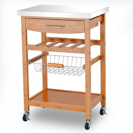 Kitchen Island Shelves - Gymax Bamboo Rolling Kitchen Trolley Storage Island Serving Cart Stainless Steel Top