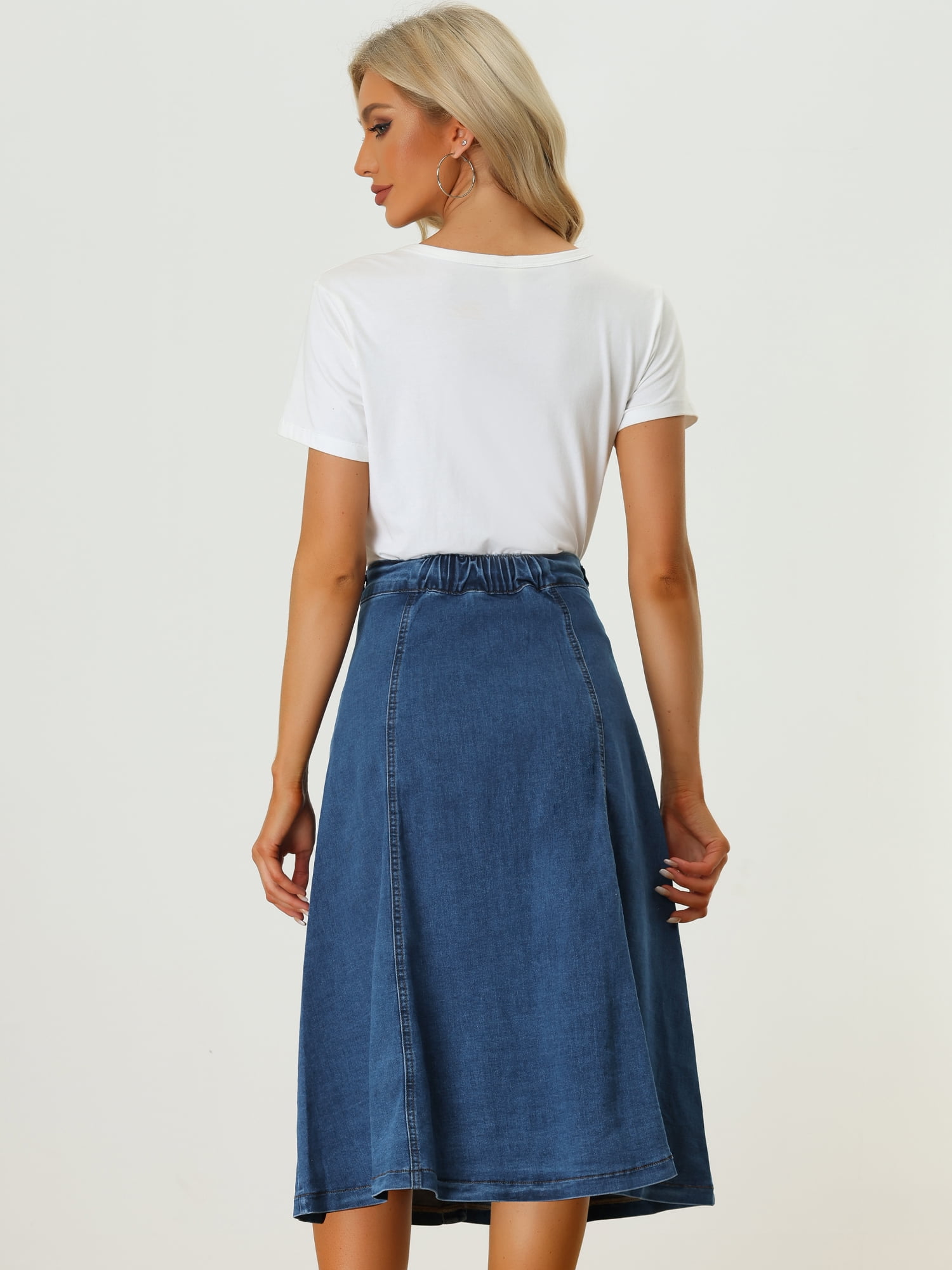 DARING DIVA Women's Buttons Front A-Line Flowy Midi Skirts with Pocket S Blue