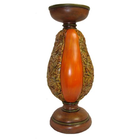 10" Rustic Pumpkin and Glittery Autumn Leaf Pillar Candle Holder