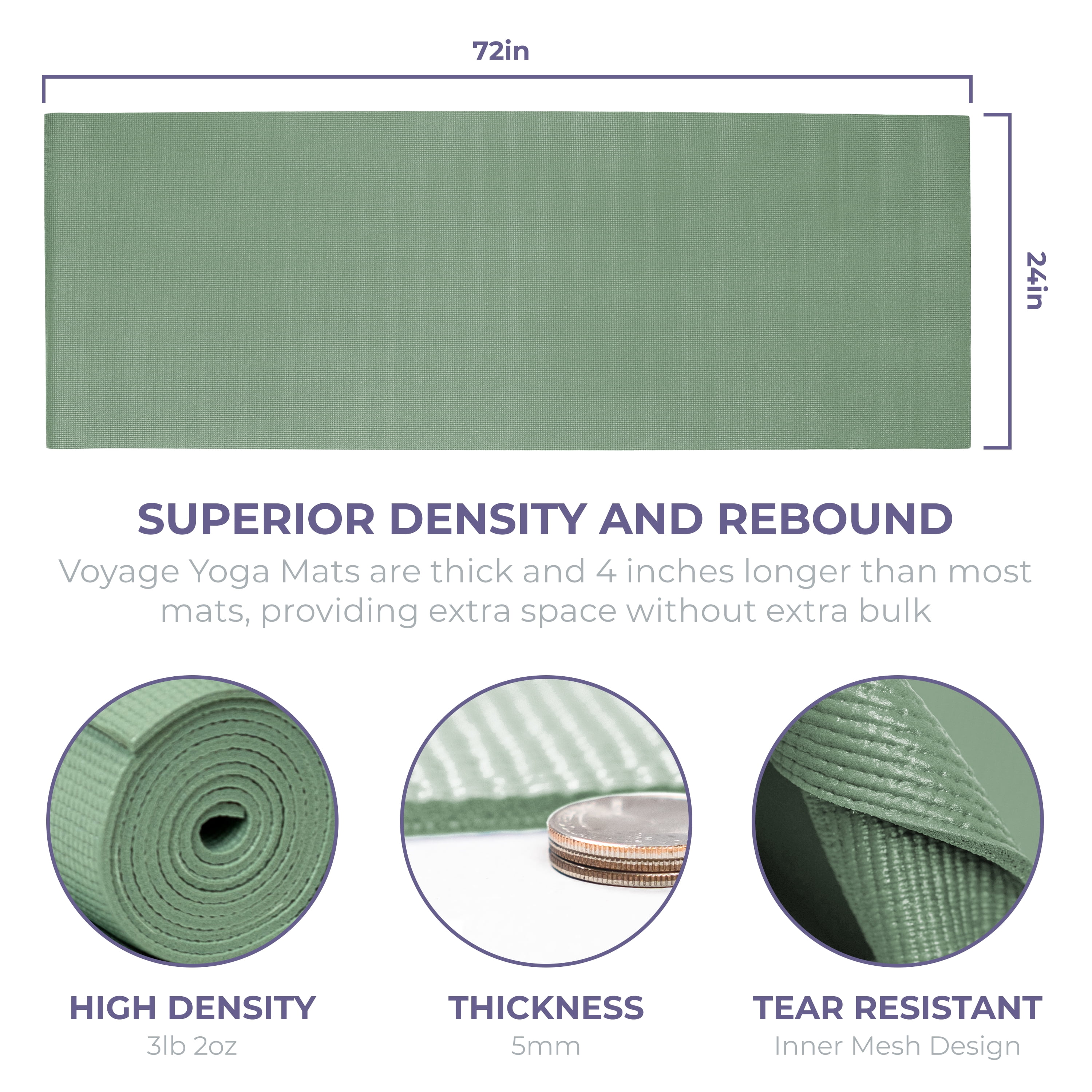 Sunshine Yoga Voyage Yoga Mat, Studio and Gym Bulk Yoga Mats, Durable, Anti-Tear, 72" x 24" x 5mm, 4 Pack, Sage