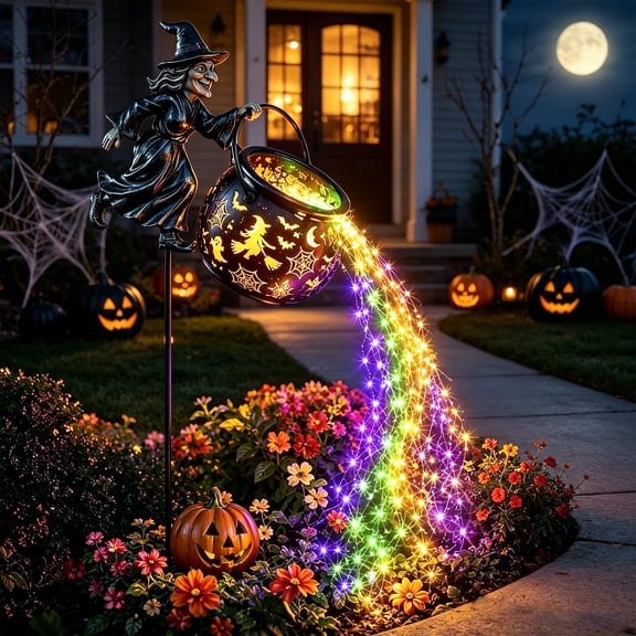 Halloween Witch Cauldron Garden Stake Light for Outdoor Yard Decor, Battery Powered Metal Ornament with Colorful LED Star Waterfall, Spooky Patio Lawn Decoration