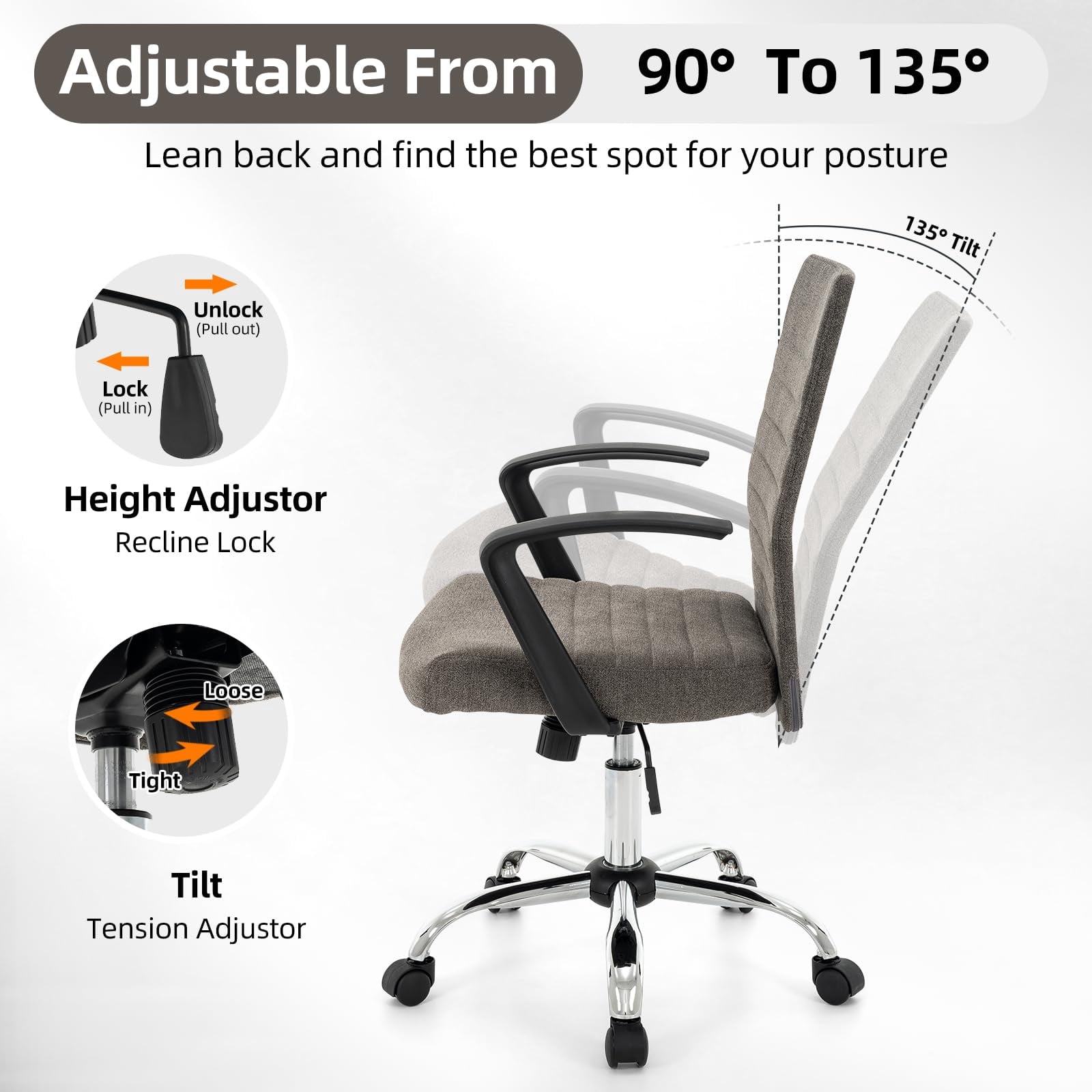 Linen Office Chair with Arms, Upholstered Mid-Back Desk Chair with Adjustable Height and Back Angle, 360° Swivel with Wheels for Home Office or Study (Dark Grey)