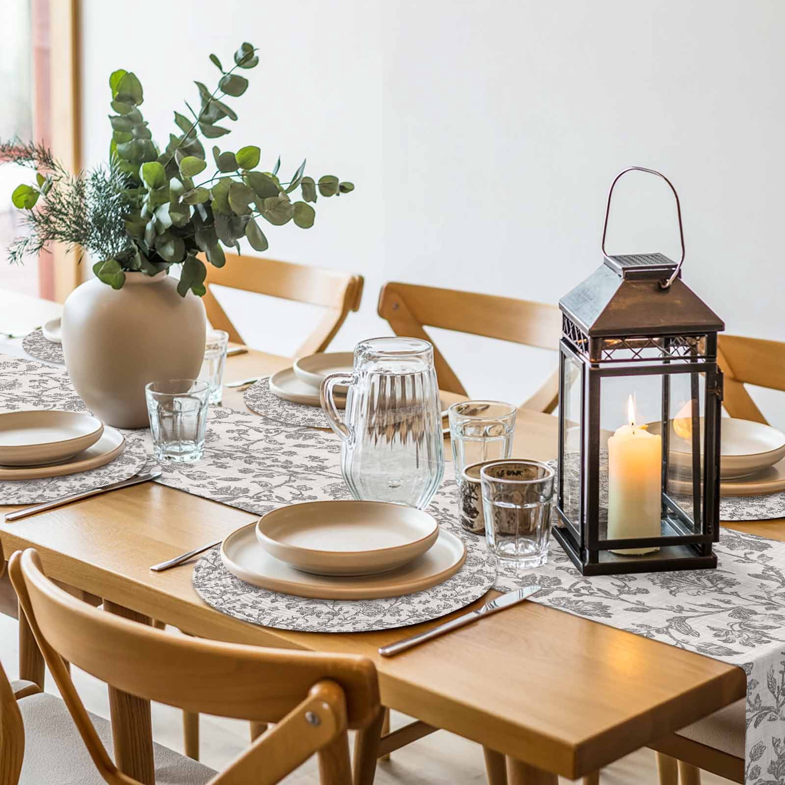 Farmhouse Grey Round 13 Inch Placemats Set of 6, Vintage Flower Leaf Botanical Plant HeatResistant Non Slip Place Mats for Dining Table, Wipeable Braided Kitchen Table Mats for Housewarming