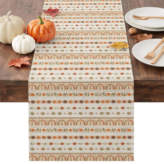 Vintage Bohemia Table Runner - 36 Inch Long Fall Farmhouse Floral Leaves Simple Lines Cotton and Linen Blended Dress Scarves Farmhouse Table Runner for Kitchen Dining, Coffee Table, 13" x 36"