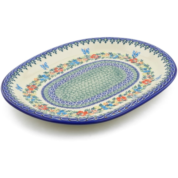 Polish Pottery 14¼-inch Platter (Red Cornflower And Blue Butterflies Theme) Signature UNIKAT Hand Painted in Poland Certificate of Authenticity