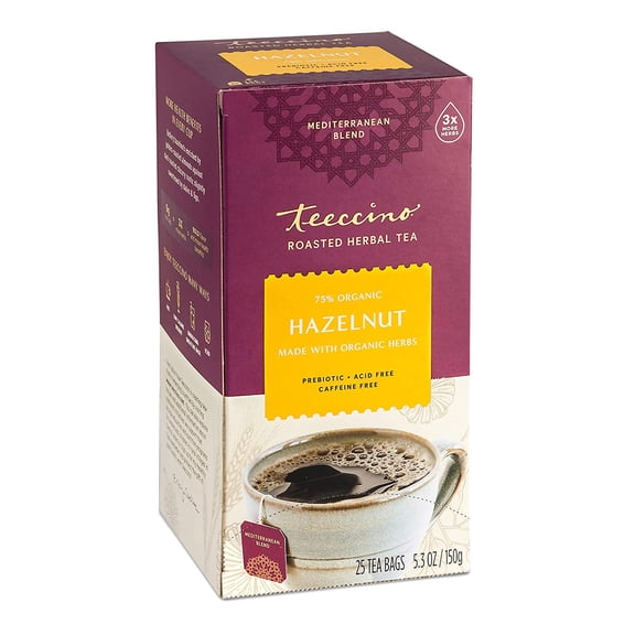Teeccino Caffeine Free & Prebiotic Herbal Tea, Hazelnut, 25 Tea Bags