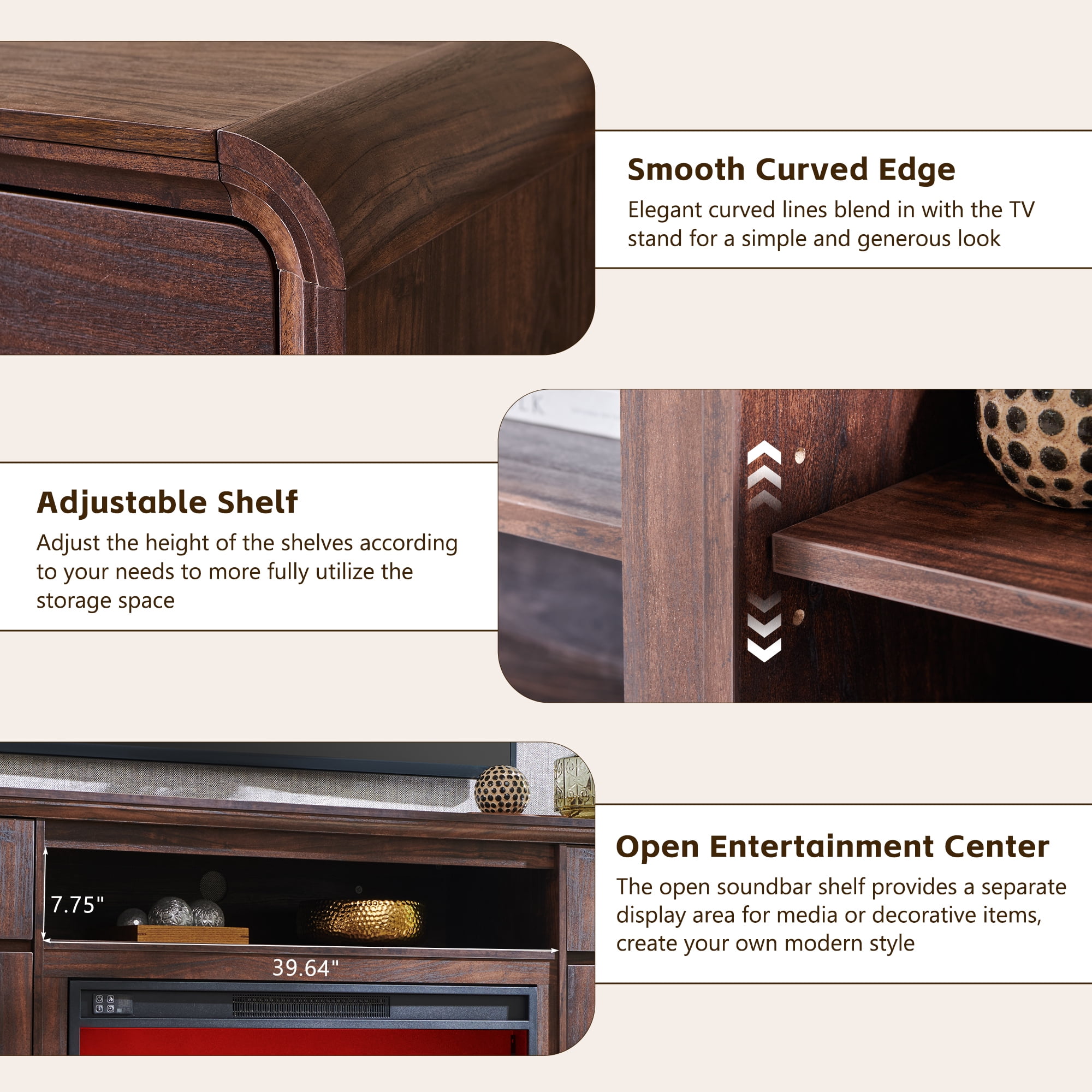 Modern Fireplace TV Stand for 75 inches TV, 36" Electric Fireplace w/ Wood Media Console, 32" Tall Entertainment Center & Adjustable Shelves for Living Room, Curved Profile Design