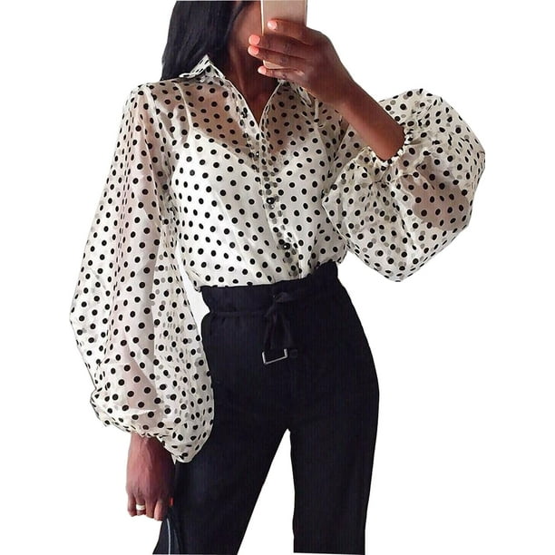 Calsunbaby - Women Polka Dot Mesh Sheer See-through Long Sleeve Tops Blouse Tee T Shirts