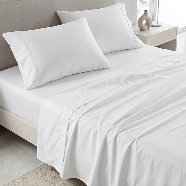 100% Cotton Queen Sheet Set – 4 Piece 450 Thread Count Sateen, Soft & Cooling Bed Sheets for Queen Size Bed with Deep Pockets, Durable & Breathable White Cotton Sheets