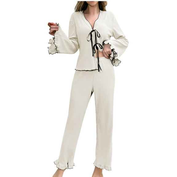 Ltctricy Women's Pajama Sets Long Sleeve V Neck Tie Front Ruffle Trim Sleepwear Tops Pants 2 Piece Loungewear Pajamas(White,X-Small)