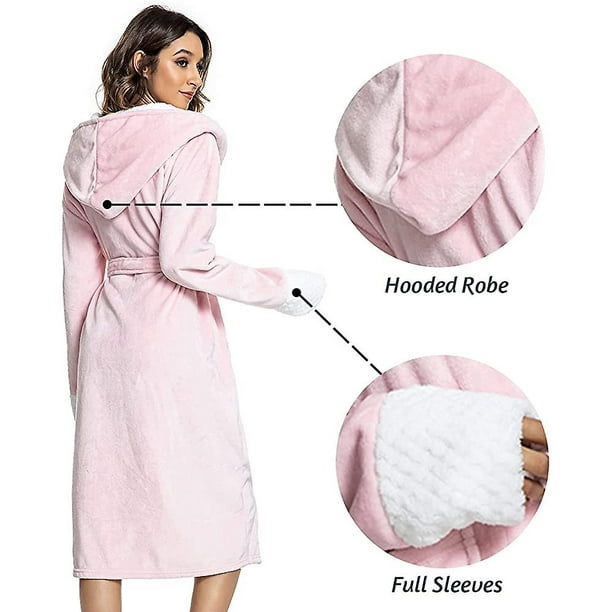 Sherpa Fleece Bathrobe Women Soft Dressing Gown Hooded Fluffy Towling Bath  Robe_y S